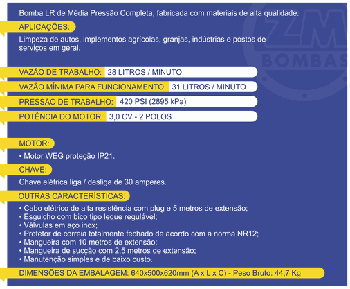 Bomba ZM LR-28/3 Completa Trif Motor WEG 220/380V