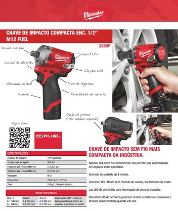 Chave de Impacto 1/2" M12 FUEL 339Nm Milwaukee Completa