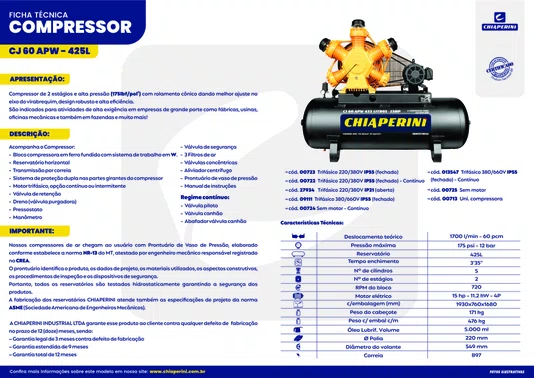 Compressor de ar 60pcm 425L 15hp Trif IP21 I Chiaperini